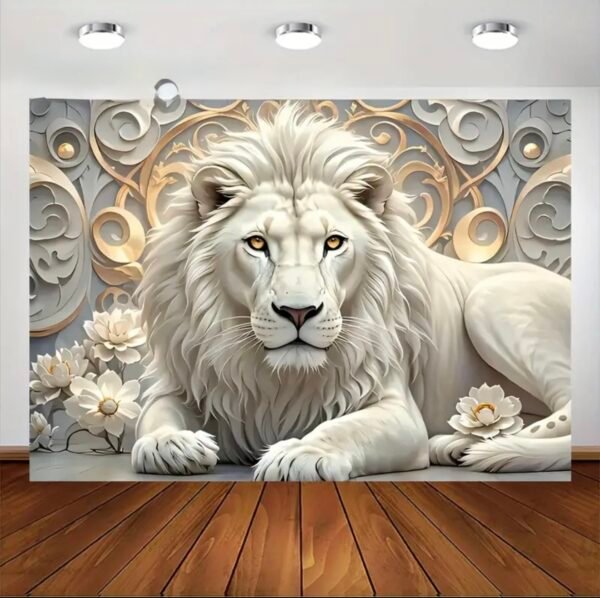2D plate, 1 piece Art mural Lion blanc royal et décoration florale dorée, salon élégant,peinture en cristal porcelainepeinture en Cristal porcelaine chambre à coucher,