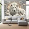 2D plate, 1 piece Art mural Lion blanc royal et décoration florale dorée, salon élégant,peinture en cristal porcelainepeinture en Cristal porcelaine chambre à coucher,