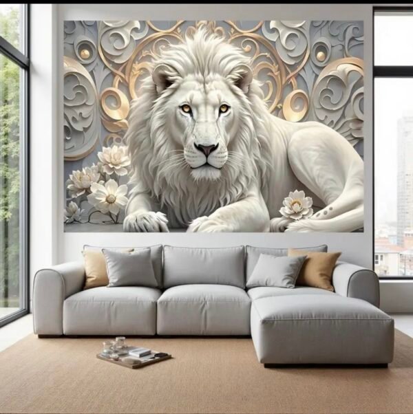 2D plate, 1 piece Art mural Lion blanc royal et décoration florale dorée, salon élégant,peinture en cristal porcelainepeinture en Cristal porcelaine chambre à coucher,