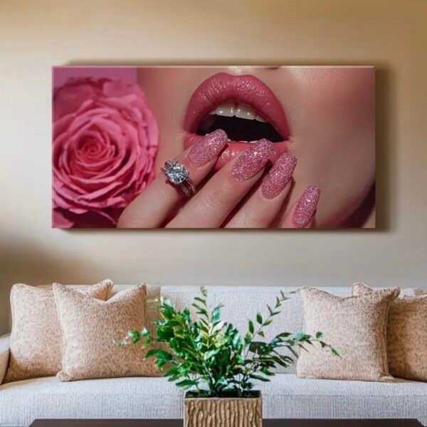 IMG_6335 2D Plat, 1pc en Cristal porcelaine Moderne Abstraite ÉnCadre - Peinture de Lèvres et Ongles Femme Pailletée Rose Brillante,