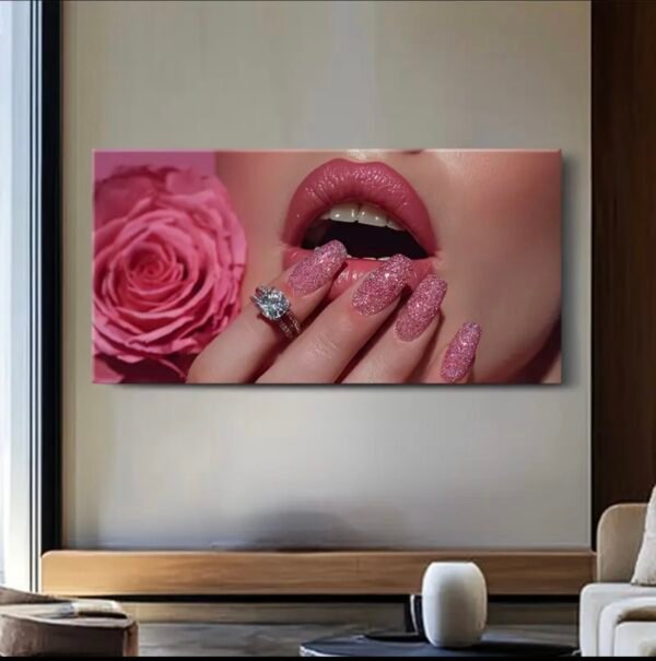 IMG_6336 2D Plat, 1pc en Cristal porcelaine Moderne Abstraite ÉnCadre - Peinture de Lèvres et Ongles Femme Pailletée Rose Brillante,