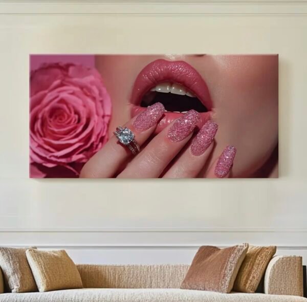 IMG_6338 2D Plat, 1pc en Cristal porcelaine Moderne Abstraite ÉnCadre - Peinture de Lèvres et Ongles Femme Pailletée Rose Brillante,