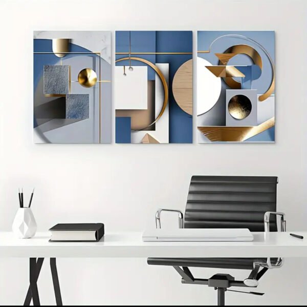 3 pièces d'Art Abstrait Géométrique sur Toile - Décor Mural Moderne Danshen Vert et Doré,