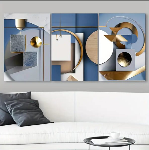 3 pièces d'Art Abstrait Géométrique sur Toile - Décor Mural Moderne Danshen Vert et Doré,