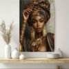 IMG_6397 Tableau mural plat 2D, 1 pièce, Portrait de femme africaine sur toile - Femme élégante en tenue traditionnelle africaine avec bijoux dorés,