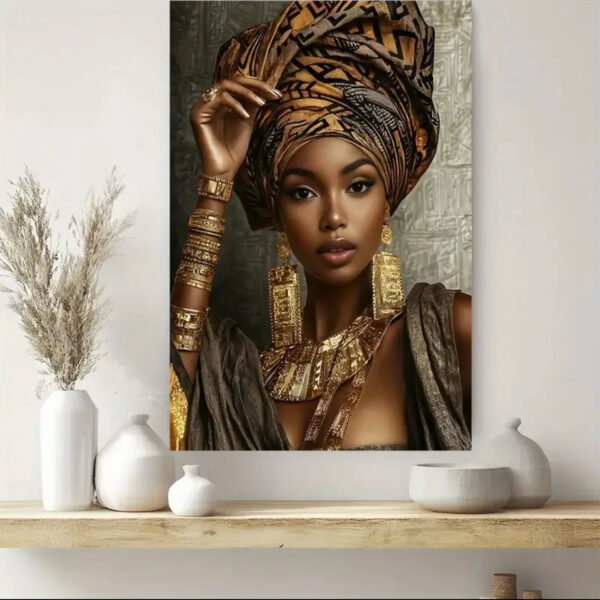 IMG_6397 Tableau mural plat 2D, 1 pièce, Portrait de femme africaine sur toile - Femme élégante en tenue traditionnelle africaine avec bijoux dorés,
