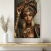 IMG_6402 Tableau mural plat 2D, 1 pièce, Portrait de femme africaine sur toile - Femme élégante en tenue traditionnelle africaine avec bijoux dorés,