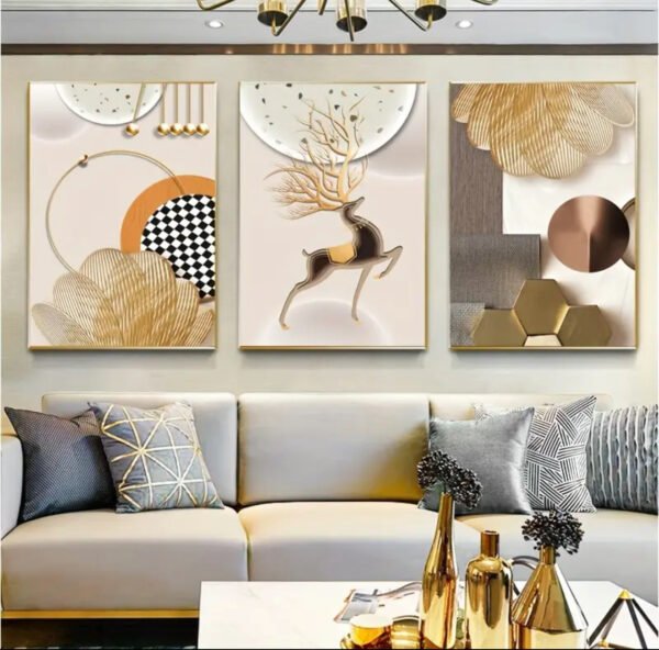 IMG_6408 2D Plat, Décoration Murale. 2D Plat, Cadeau de Noël. Modernes Impressions d'Art en cristal porcelaine Abstraites Géométriques de Cerfs - Ensemble de 3, Décoration Murale Dorée