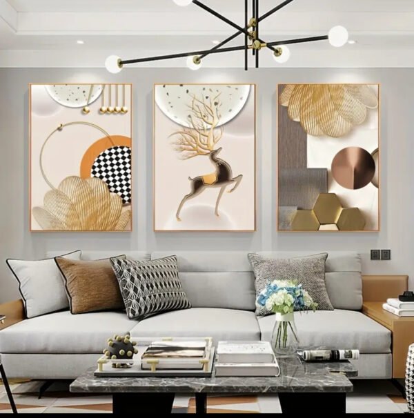 IMG_6409 2D Plat, Décoration Murale. 2D Plat, Cadeau de Noël. Modernes Impressions d'Art en cristal porcelaine Abstraites Géométriques de Cerfs - Ensemble de 3, Décoration Murale Dorée