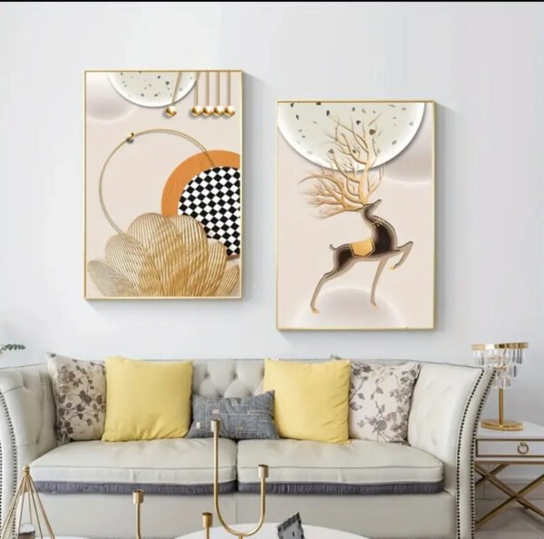 IMG_6410 2D Plat, Décoration Murale. 2D Plat, Cadeau de Noël. Modernes Impressions d'Art en cristal porcelaine Abstraites Géométriques de Cerfs - Ensemble de 3, Décoration Murale Dorée