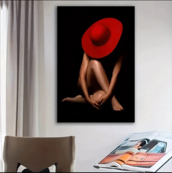 1pc Art mural sur toile moderne abstrait - Impression femme chapeau rouge,Éncadre