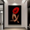 1pc Art mural sur toile moderne abstrait - Impression femme chapeau rouge,Éncadre