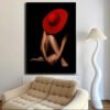 1pc Art mural sur toile moderne abstrait - Impression femme chapeau rouge,Éncadre