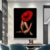 1pc Art mural sur toile moderne abstrait - Impression femme chapeau rouge,Éncadre
