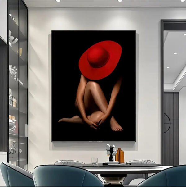 1pc Art mural sur toile moderne abstrait - Impression femme chapeau rouge,Éncadre