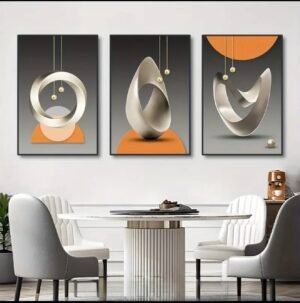 Affiche sur Toile avec Cadre Aluminium doré 3 pièces Géométrie Abstraite Forme d'Anneau de Goutte d'Eau Feuille Dorée