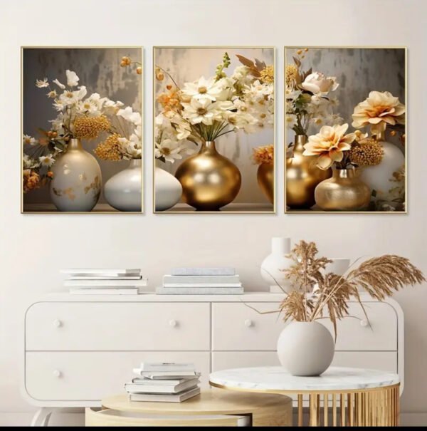 3pcs Art Mural encadrée - Grand décor floral moderne avec impression de vase botanique