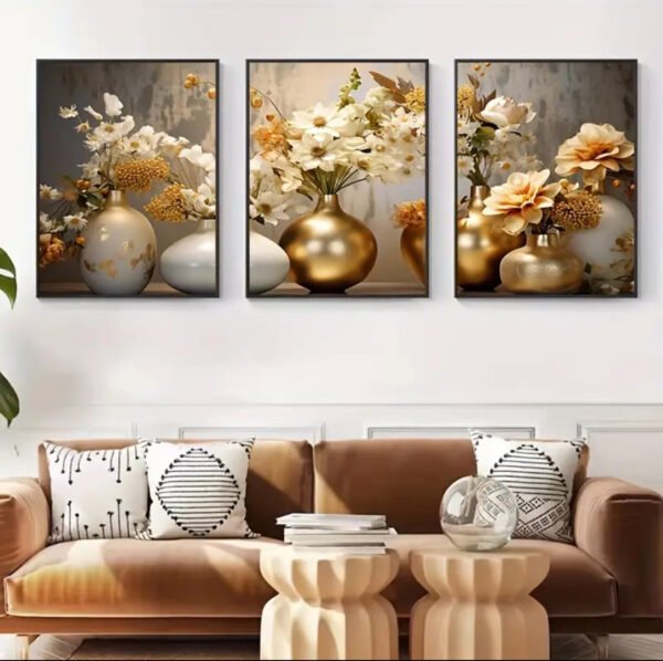 3pcs Art Mural encadrée - Grand décor floral moderne avec impression de vase botanique