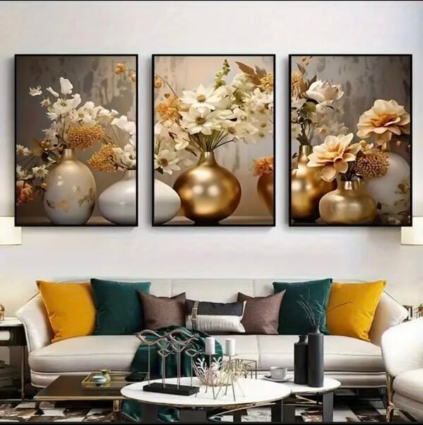 3pcs Art Mural encadrée - Grand décor floral moderne avec impression de vase botanique