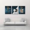 3 pièces d'Art Mural Vertical Moderne Classique Bleu et Doré - Toiles encadre avec Accents Dorés