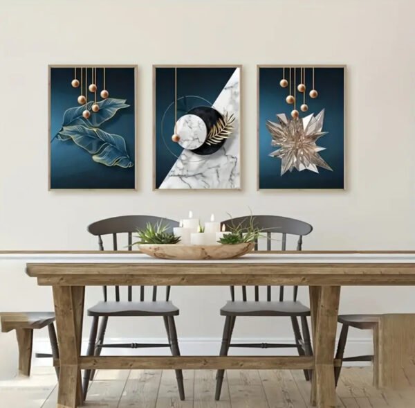3 pièces d'Art Mural Vertical Moderne Classique Bleu et Doré - Toiles encadre avec Accents Dorés