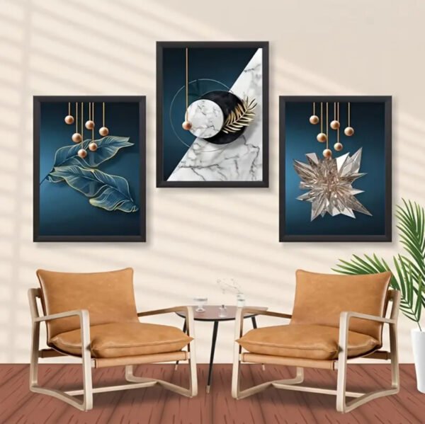 3 pièces d'Art Mural Vertical Moderne Classique Bleu et Doré - Toiles encadre avec Accents Dorés