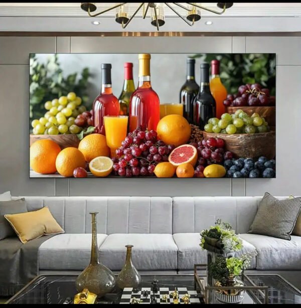 Tableau Moderne 2D Plat - 1 Pièce encadre : Pamplemousse, Raisins, Bouteilles de Vin - Couleurs Rouge Vif, Orange, Vert, Marron
