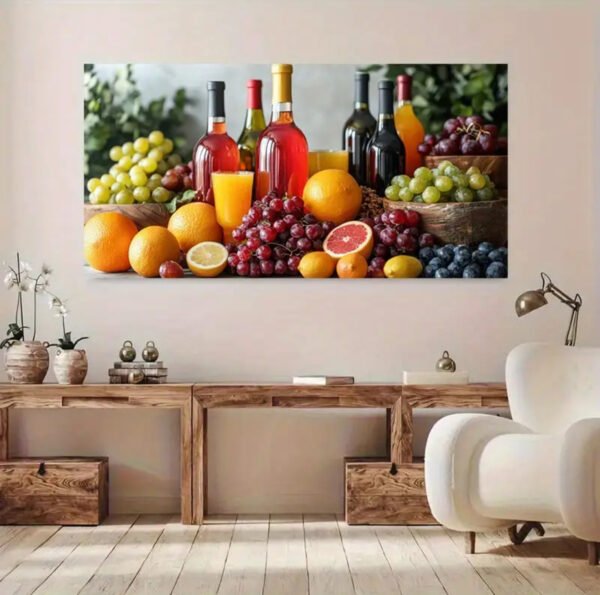 Tableau Moderne 2D Plat - 1 Pièce encadre : Pamplemousse, Raisins, Bouteilles de Vin - Couleurs Rouge Vif, Orange, Vert, Marron