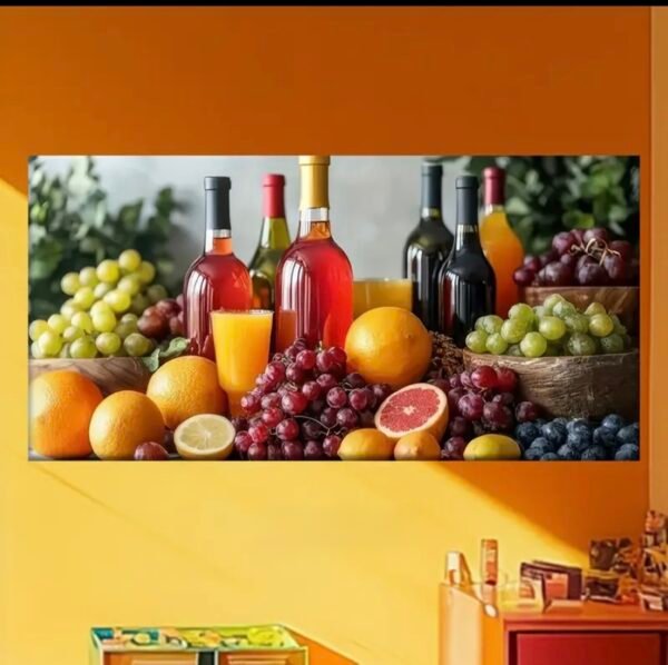 Tableau Moderne 2D Plat - 1 Pièce encadre : Pamplemousse, Raisins, Bouteilles de Vin - Couleurs Rouge Vif, Orange, Vert, Marron
