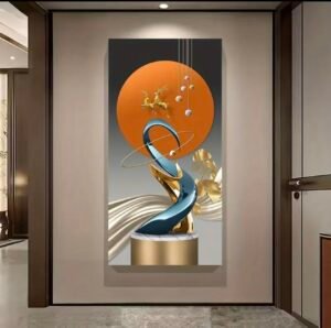 1pc,  2D cadre Doré et Cercle Orange - Décoration Murale pour Chambre, Café, Bureau, Cadre en bois