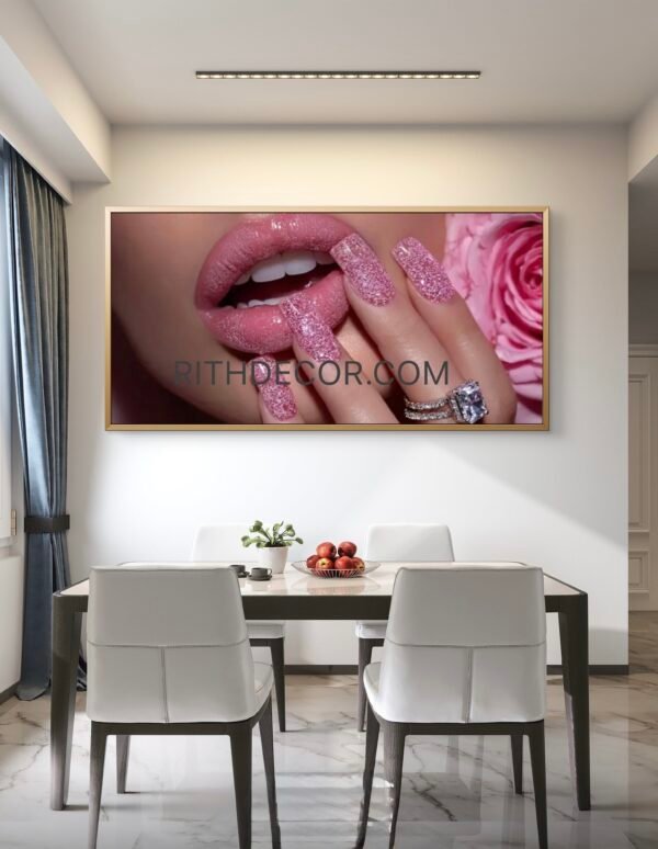 a8f0a730-f0a1-11f0-82d9-df7c352640bb 2D Plat, 1pc en Cristal porcelaine Moderne Abstraite ÉnCadre - Peinture de Lèvres et Ongles Femme Pailletée Rose Brillante,