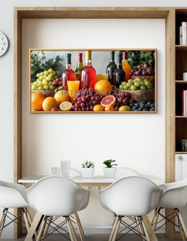 c3a889a0-f0b3-11f0-b6fa-df66f8d33c21 Tableau Moderne en cristal porcelaine 2D Plat - 1 Pièce encadre : Pamplemousse, Raisins, Bouteilles de Vin - Couleurs Rouge Vif, Orange,