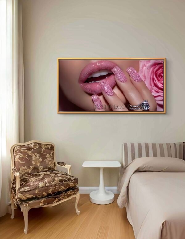 f27418a0-f075-11f0-af60-67e08eca1e42 2D Plat, 1pc en Cristal porcelaine Moderne Abstraite ÉnCadre - Peinture de Lèvres et Ongles Femme Pailletée Rose Brillante,