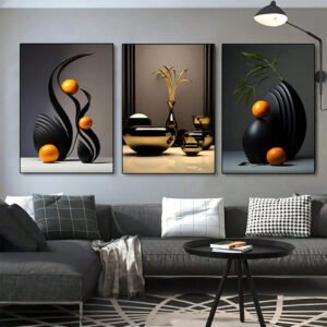 Tableaux Abstraits Luxe Noir & Orange – Décoration Murale Moderne – Style Minimaliste Élégant – Set 3 Pièces – Rithdecor