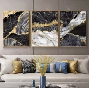 Tableaux Décoration Luxe Noir & Or – Cristal Porcelaine Effet Diamant – Set Moderne Murale – 45x60 cm (Disponible en 3 pièces) – Rithdecor