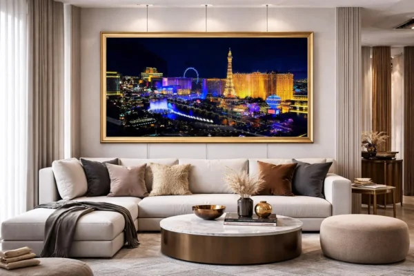 Tableau Las Vegas Nuit Luxe – Skyline Ville Illuminée – Cadre Cristal Porcelaine Effet Verre – Décoration Murale Salon Moderne – Encadrement