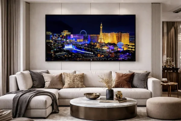 Tableau Las Vegas Nuit Luxe – Skyline Ville Illuminée – Cadre Cristal Porcelaine Effet Verre – Décoration Murale Salon Moderne – Encadrement