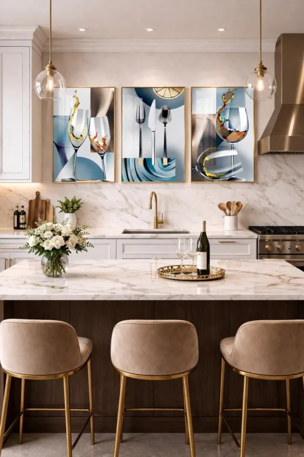 Tableaux Cuisine Moderne Luxe – Art Verre & Couvert – Décoration Murale Cristal Porcelaine – Encadrement Doré – Set 3 Pièces – Rithdecor