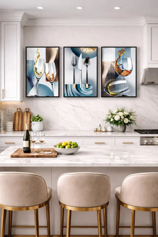Tableaux Cuisine Moderne Luxe – Art Verre & Couvert – Décoration Murale Cristal Porcelaine – Encadrement Doré – Set 3 Pièces – Rithdecor