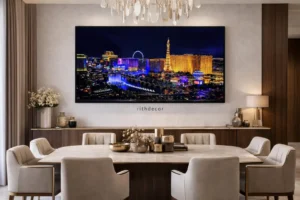 Tableau Las Vegas Nuit Luxe – Skyline Ville Illuminée – Cadre Cristal Porcelaine Effet Verre – Décoration Murale Salon Moderne – Encadrement