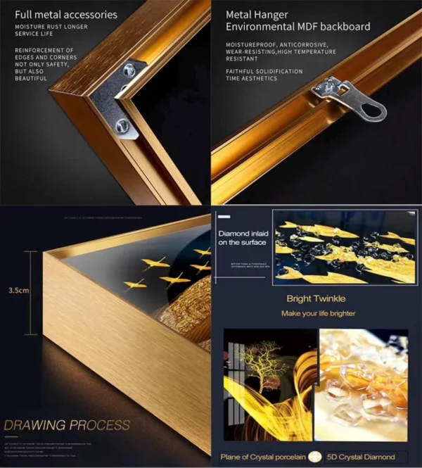 Tableaux Décoration Luxe Noir & Or – Cristal Porcelaine Effet Diamant – Set Moderne Murale – 45x60 cm (Disponible en 3 pièces) – Rithdecor