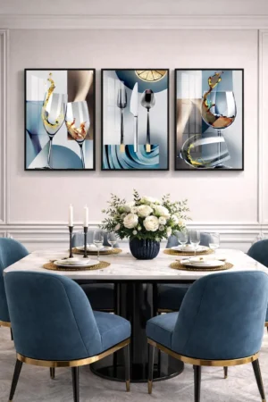 Tableaux Cuisine Moderne Luxe – Art Verre & Couvert – Décoration Murale Cristal Porcelaine – Encadrement Doré – Set 3 Pièces – Rithdecor