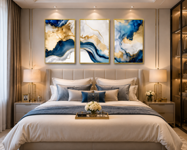 0B8DC00C-7273-4065-8381-3202A2F4E658 Cadre Abstrait Marbre Bleu et Doré – Ensemble Luxe 3 Pièces 50x70 cm