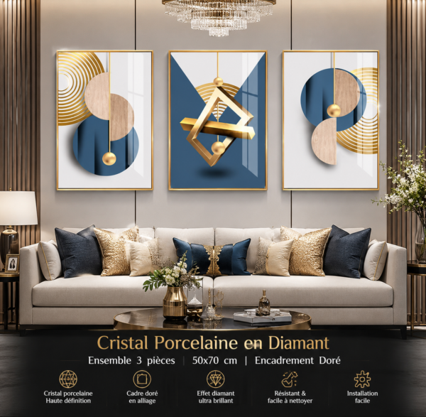 Cadre Mural Cristal Porcelaine en Diamant – Ensemble 3 Pièces 50x70 cm | Design Géométrique Moderne | Cadre Doré  50x70cm