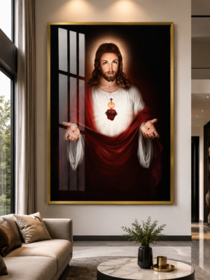 24A6169E-23F9-4A4C-9F8A-E803563B90FE Cadre Religieux Jésus-Christ Sacré-Cœur en Cristal Porcelaine – 70x100 cm – Cadre Noir ou Doré