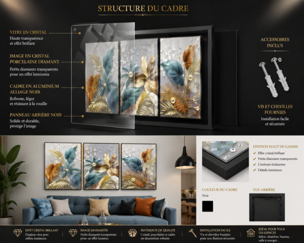 Cadre Décoratif en Cristal Porcelaine – Feuilles Dorées et Bleues de Luxe 50 x 70 cm (Lot de 3)