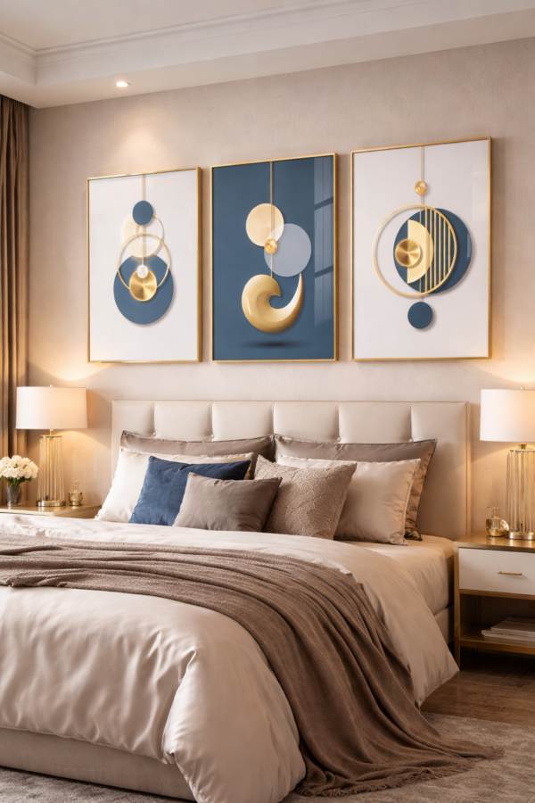 4A3561E3-9AF0-4FE4-845C-89DA00273F09 Cadre Décoratif Cristal Porcelaine diamants 45x60cm – Art Moderne Bleu, Beige et Doré