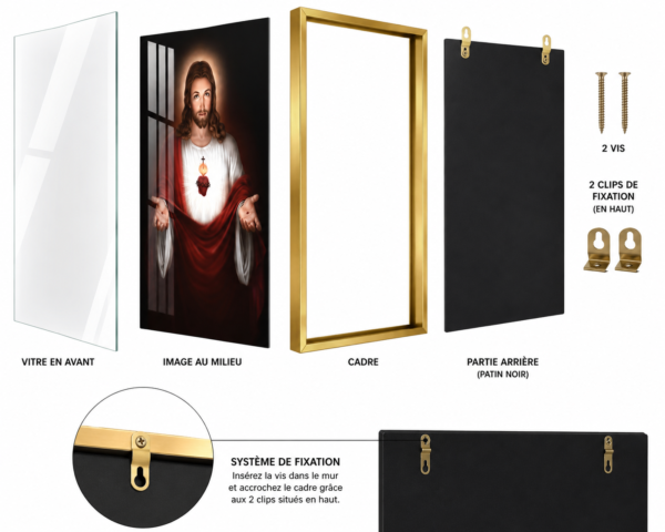 5E44C994-012A-459D-A150-76971879C096 Cadre Religieux Jésus-Christ Sacré-Cœur en Cristal Porcelaine – 70x100 cm – Cadre Noir ou Doré