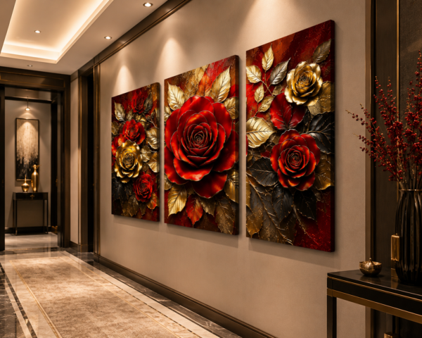61B06225-EE5F-442F-B6F1-90BB063E8015 Cadre sur Toile Canvas Roses Rouges et Dorées – Ensemble Floral Élégant 18 x 24 pouces