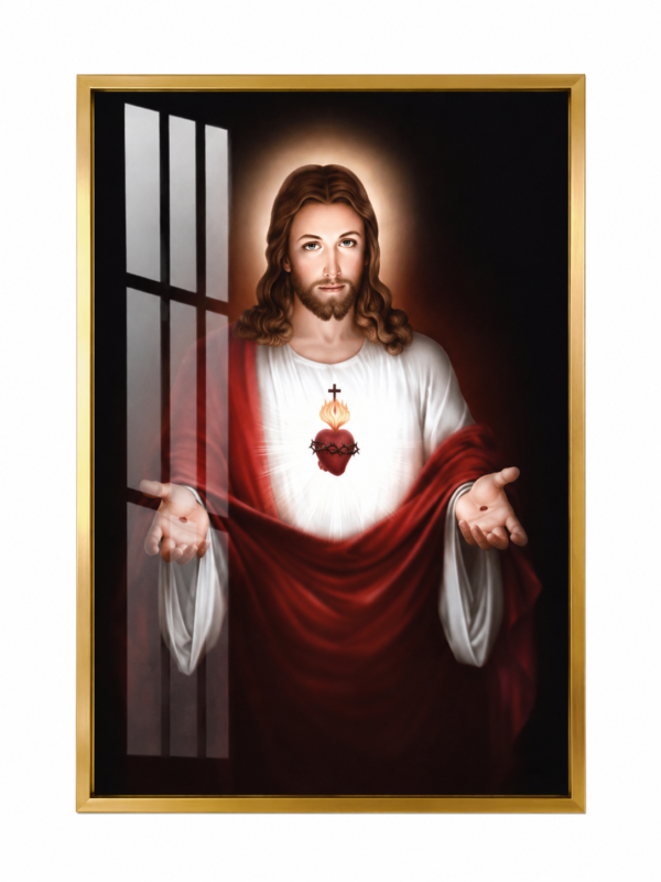 6B86CE69-1DDB-4E93-9CCC-15F1E5C54A10 Cadre Religieux Jésus-Christ Sacré-Cœur en Cristal Porcelaine – 70x100 cm – Cadre Noir ou Doré